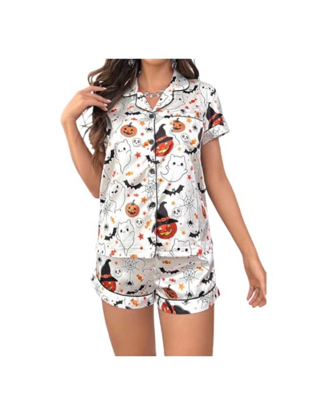 Women's Halloween Pajama Set Silk Polyester Button Down Short Sleeve Sleepwear